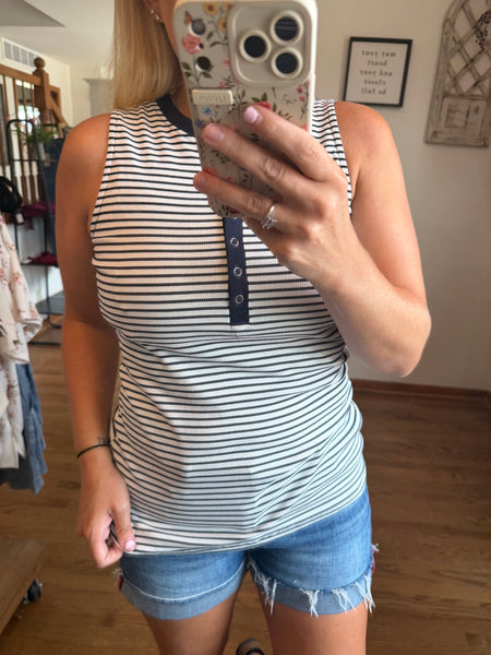 White & Navy Striped Button Tank Top