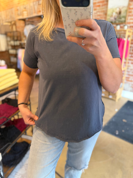 Navy Short Sleeve Exposed Seam Knit Top