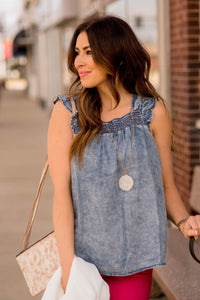 Blue Ruffled Denim Tank Top