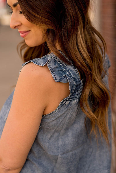 Blue Ruffled Denim Tank Top