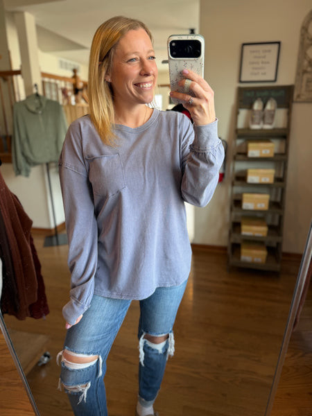 Dusty Indigo Oversized Washed Long Sleeve Pocket Tee