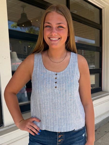 Denim Linen Cropped Henley Tank