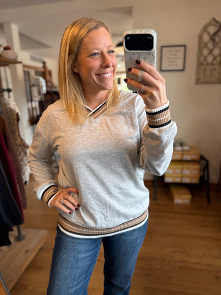 Grey Varsity Striped Trim V-Neck Sweatshirt