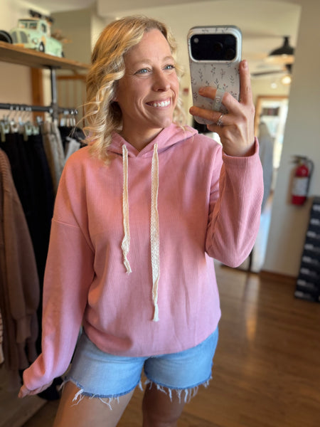 Mauve Ribbed Drawstring Hooded Sweatshirt