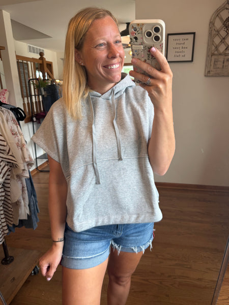 Heather Grey Drawstring Bottom Short Sleeve Hoodie