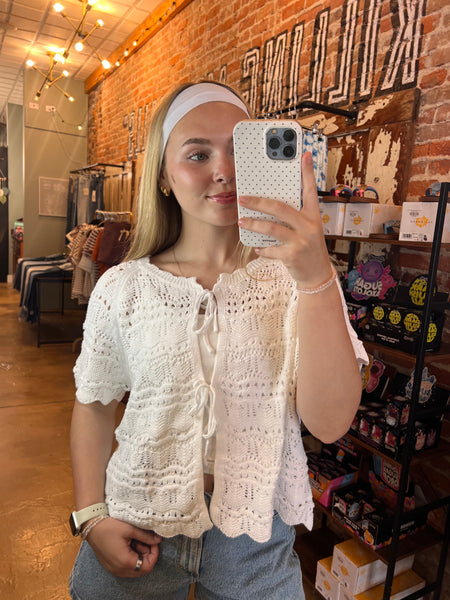 Ivory Pointelle Knit Front Bow Top