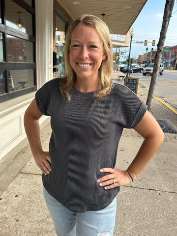 Ribbed Crew Neck Short Sleeve in Charcoal