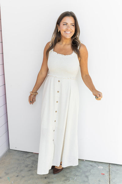 Natural Smocked Button Down Midi Dress