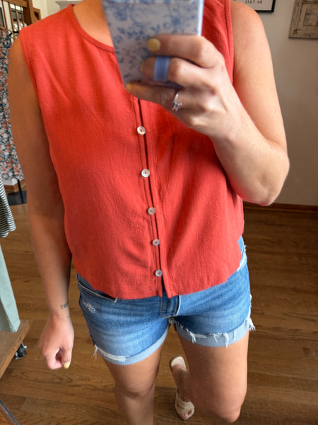 Coral Button Front Cropped Tank Top