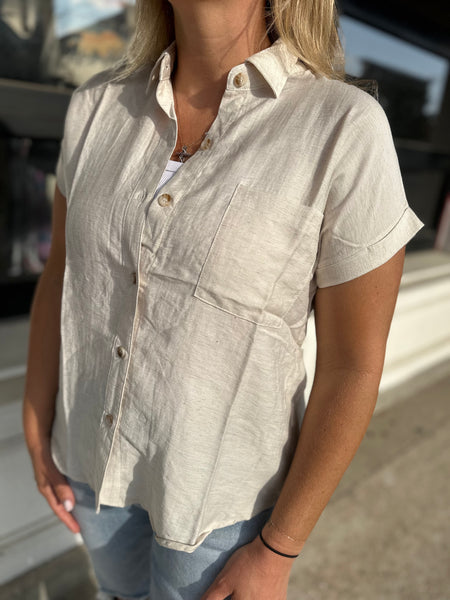Oatmeal Cuffed Sleeve Button Down Top