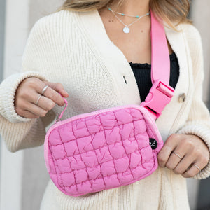 Quilted Puffer Belt Bag in Pink