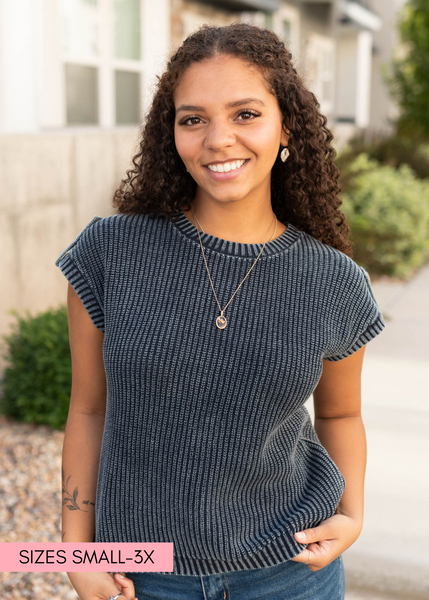 Indigo Acid Wash Button Back Knit Top