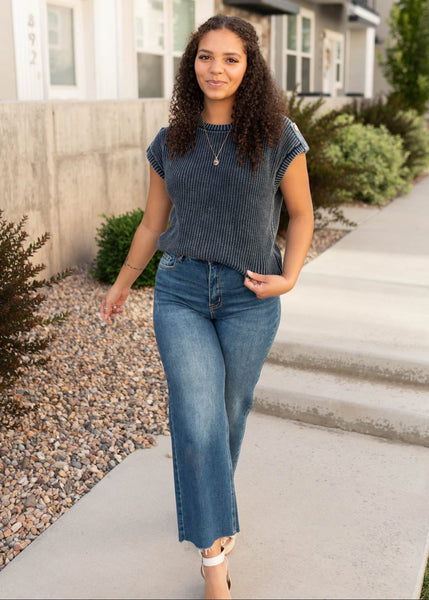 Indigo Acid Wash Button Back Knit Top