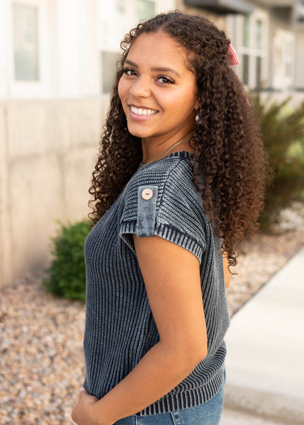 Indigo Acid Wash Button Back Knit Top