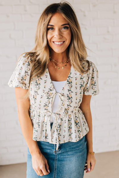 Ivory Floral Tie Front Blouse