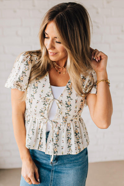 Ivory Floral Tie Front Blouse