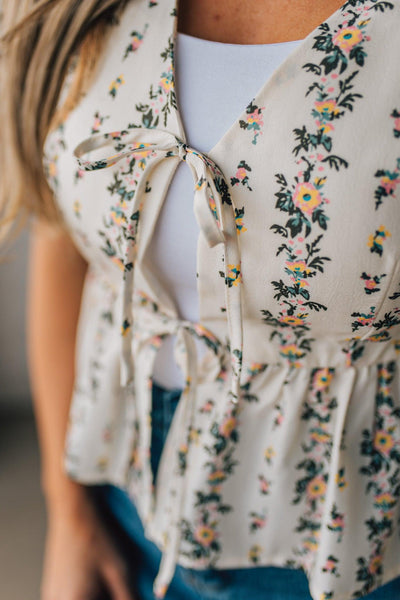 Ivory Floral Tie Front Blouse