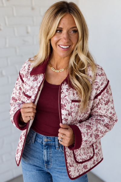 Burgundy Floral Quilted Jacket