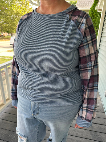 Vintage Blue & Plaid Ribbed Top (S-3XL)