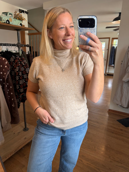 Beige Soft Short Sleeve Mock Neck Sweater