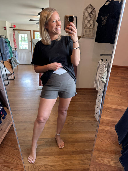 Black Olive Crossover Waist Running Shorts