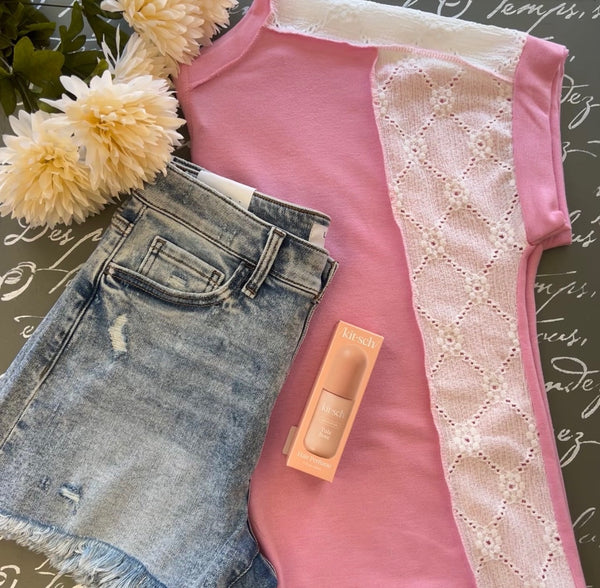 Pink & Ivory Lace Sleeve Tee