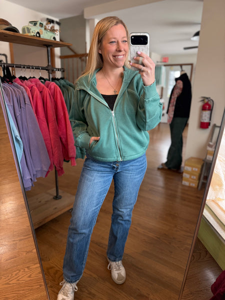 Dark Green Fleece Mineral Wash Zip Up Hoodie