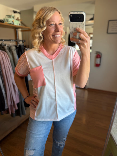 Ivory & Peach Lace V-Neck Top