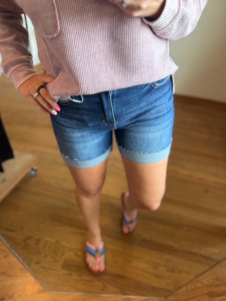 Risen High-Rise Cuffed Denim Shorts