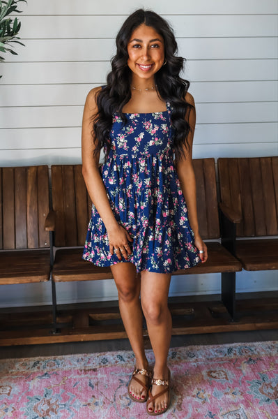 Navy Floral Sleeveless Tiered Mini Dress