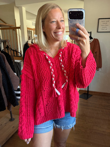 Red Hooded Chenille Cable Knit Sweater