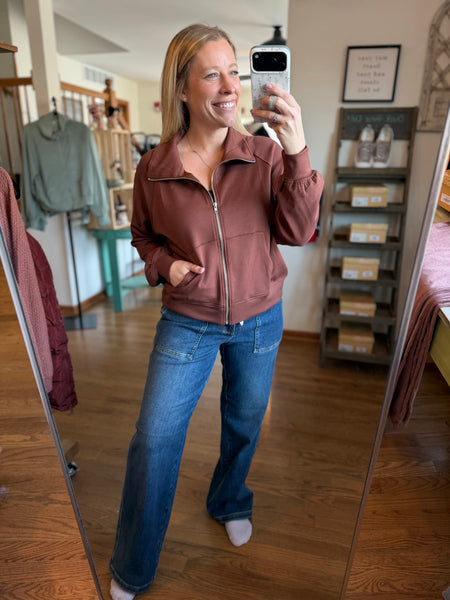 Chestnut High Neck Long Sleeve Zippered Jacket