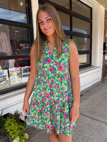 Kelly Green Floral Comfort Stretch Tiered Lizzy Dress