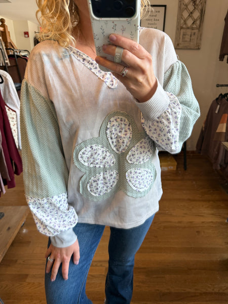 Sage Boho Floral Patched Waffle Top