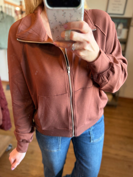 Chestnut High Neck Long Sleeve Zippered Jacket