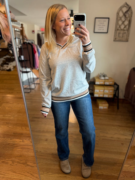 Grey Varsity Striped Trim V-Neck Sweatshirt