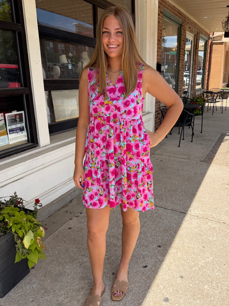 Aqua & Pink Floral Comfort Stretch Tiered Lizzy Dress