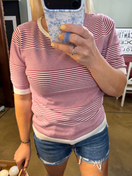 Magenta Stripe Short Sleeve Sweater