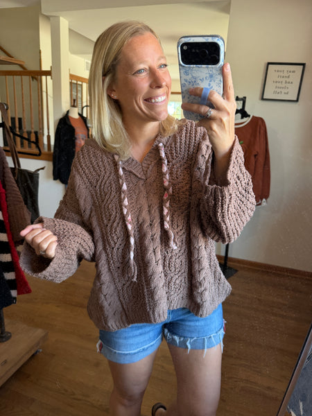 Chocolate Hooded Chenille Cable Knit Sweater