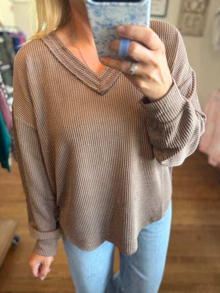 Mocha Raw Edge V-Neck Long Sleeve Textured Knit Top