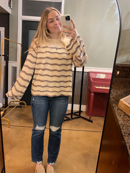Cream & Lavender Striped Bell Sleeve Sweater