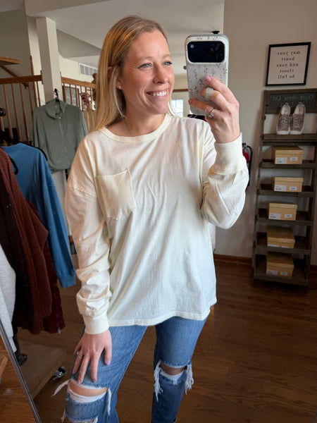 Cream Oversized Washed Long Sleeve Pocket Tee