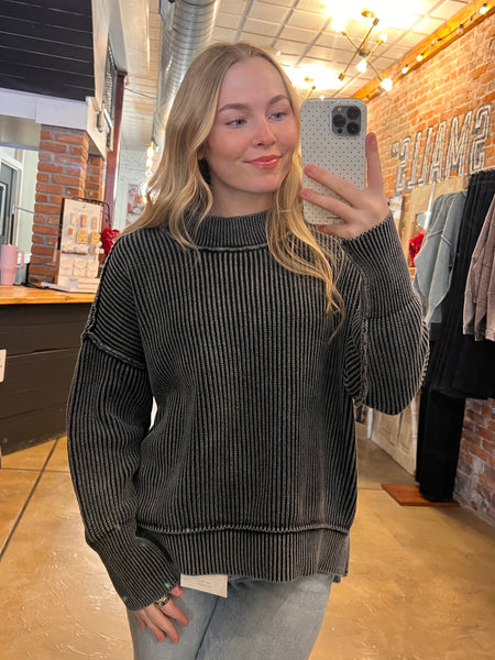 Black Mineral Wash Side Slit Oversized Sweater