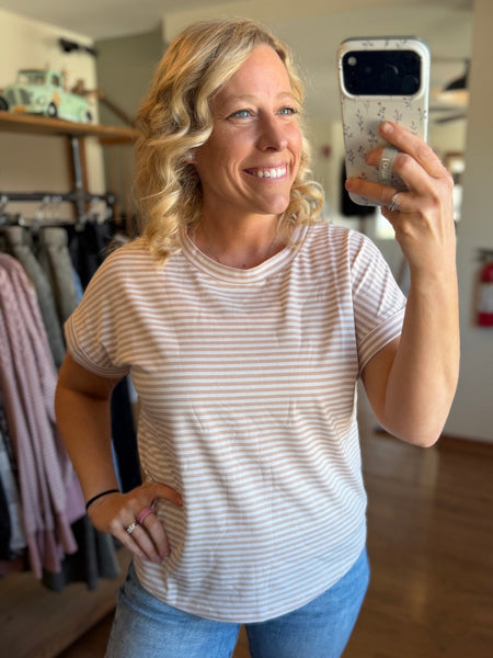 Taupe Pinstripe Short Sleeve Top
