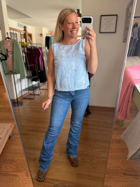 Baby Blue Embroidered Floral Tank Top