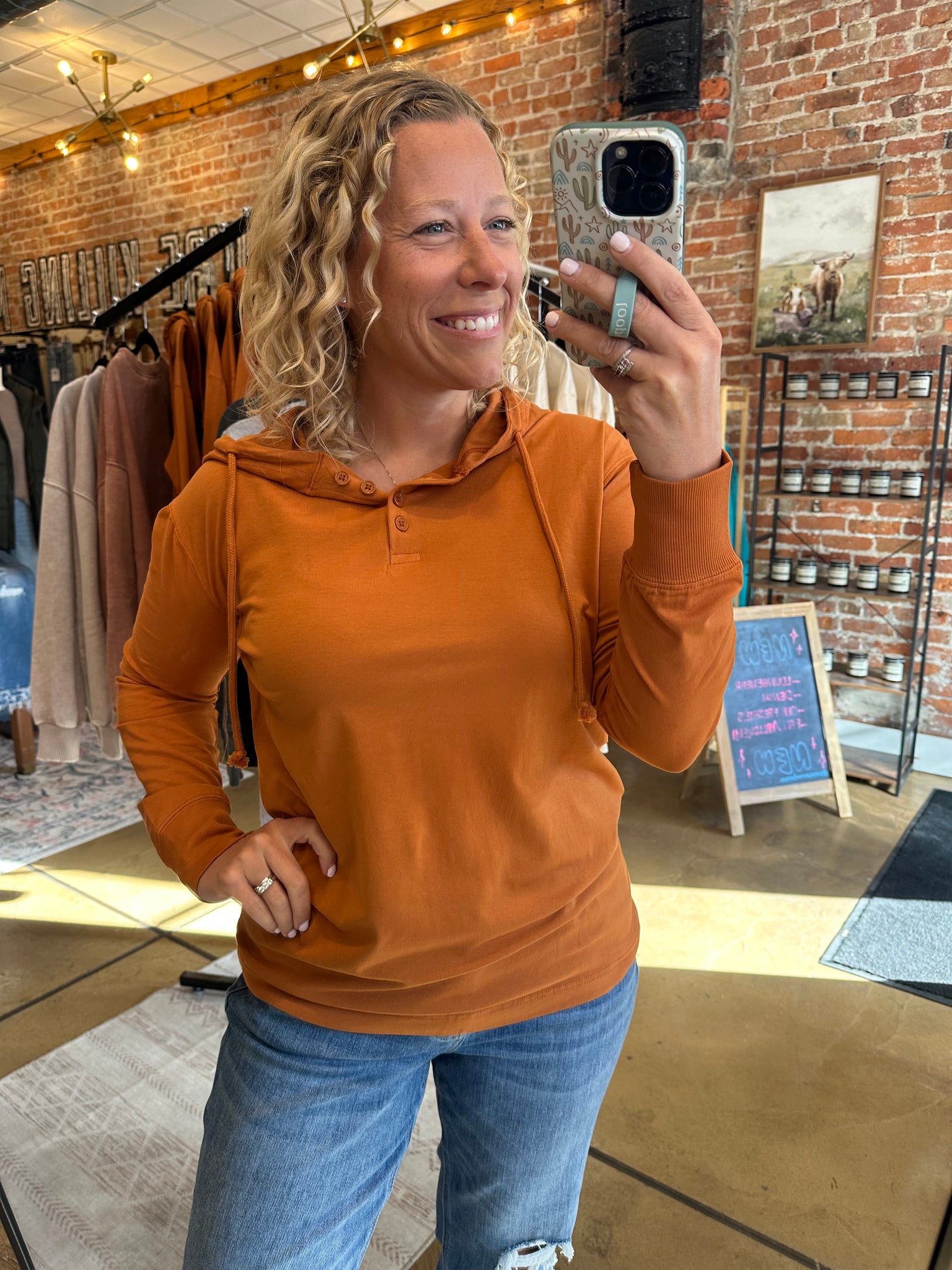 Burnt Amber Ridgeline Pima Cotton Henley Hoodie
