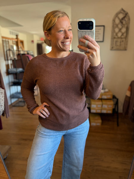 Mocha Waffle Knit Long Sleeve Top