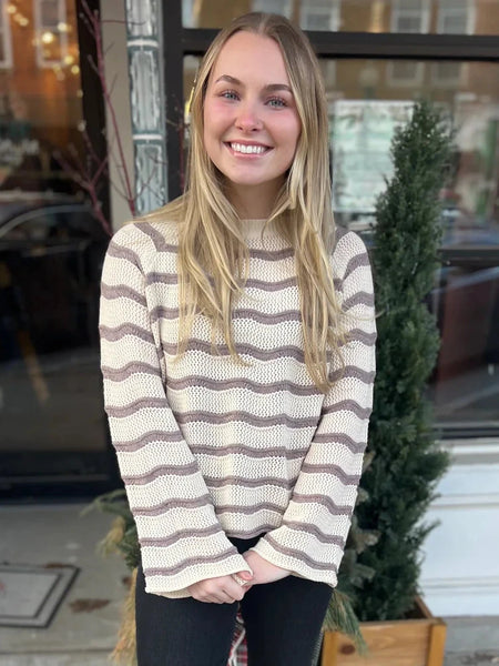 Cream & Lavender Striped Bell Sleeve Sweater