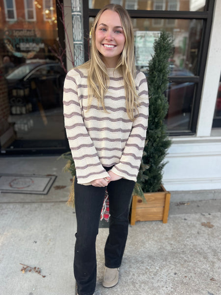 Cream & Lavender Striped Bell Sleeve Sweater