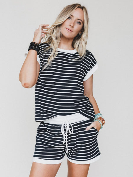 Black Stripe Tee & Shorts Set